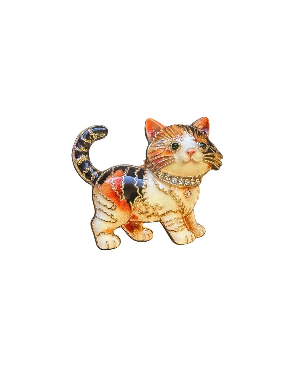 Kitty Cat Brooch in Tri-Color Orange Black and White with Jeweled Collar